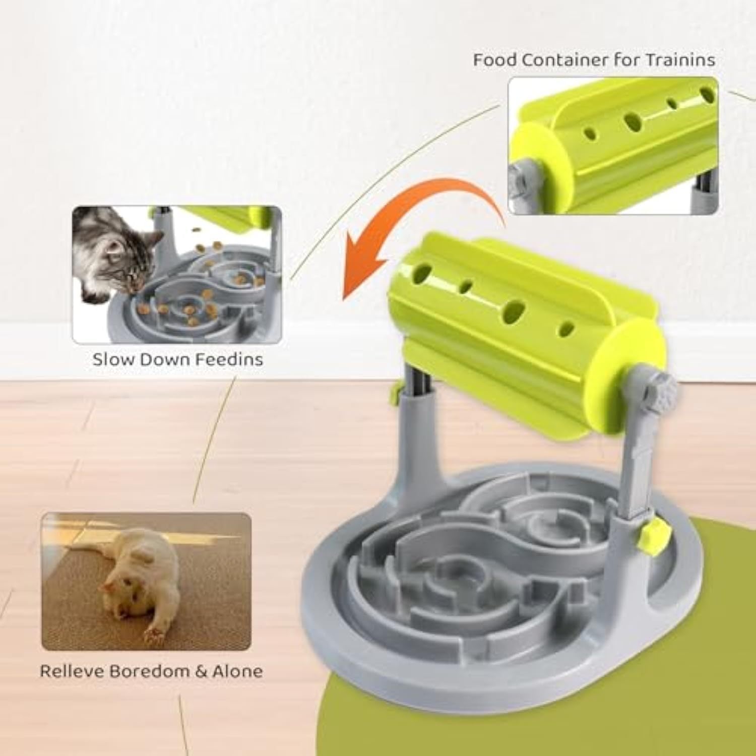 interactive treat-dispensing puzzle for pets showcased with features like slowing down feedings and relieving boredom.